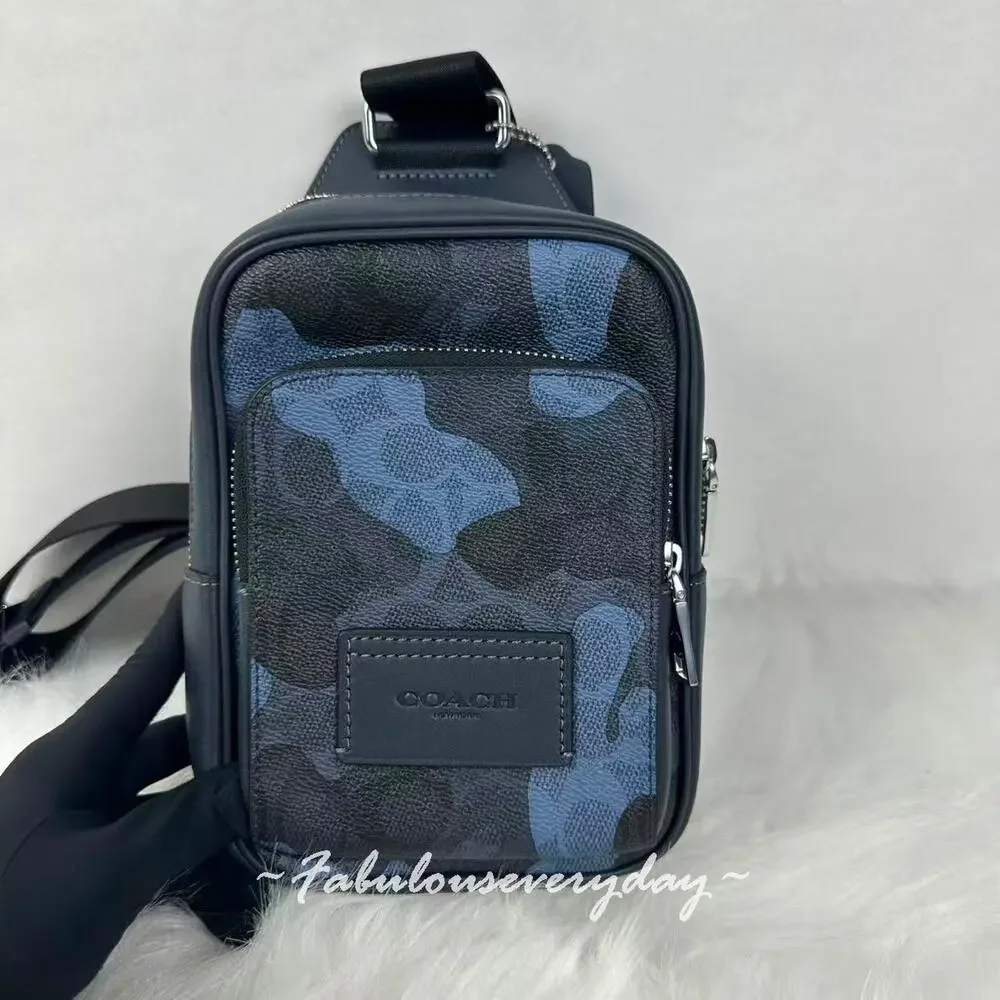 Coach Men's Racer Sling Pack In Signature Camo Print/Silver/Blue Multi CDC19 NWT